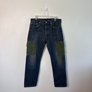 Unique Levis 501 Custom Cargo Jeans Men 34x30 Blue Denim Olive Green Straight